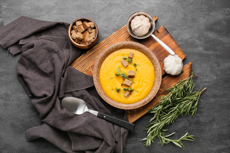 Plate of tasty pumpkin cream soup and bread on black backgroundの写真素材