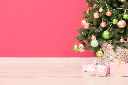 Beautiful Christmas tree with gifts near pink wallの写真素材