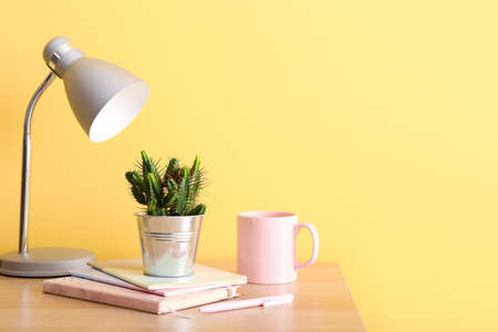 Green cactus, notebooks, lamp and cup on table against color wallの写真素材