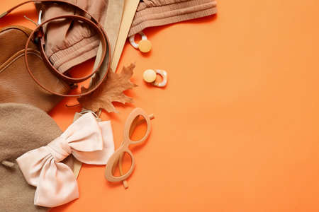 Stylish female clothes, accessories and autumn leaf on color background
