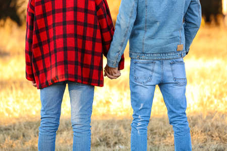 Happy gay couple holding hands outdoors on autumn day, back viewの写真素材