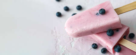 Tasty blueberry ice cream on light background with space for textの写真素材
