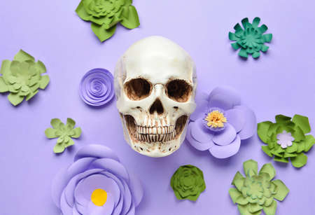 Human skull with handmade paper flowers on purple backgroundの写真素材