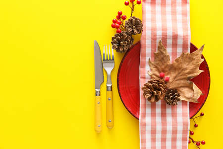 Autumn table setting on yellow backgroundの写真素材