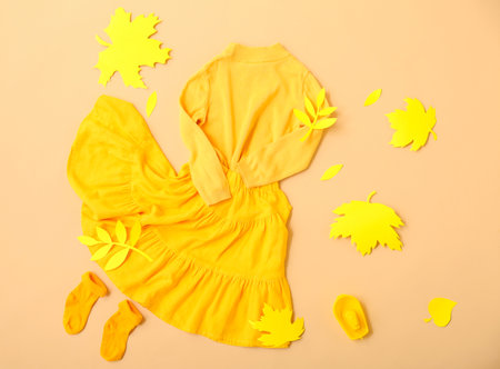 Stylish kid clothes and autumn decor on color backgroundの写真素材