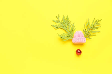 Christmas reindeer made of fir tree branches, small knitted hat and ball on color background
