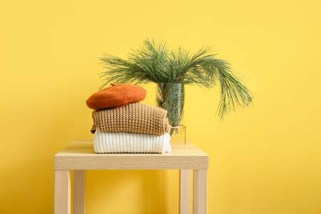 Warm sweaters with beret and fir branches in vase on table near yellow wallの写真素材