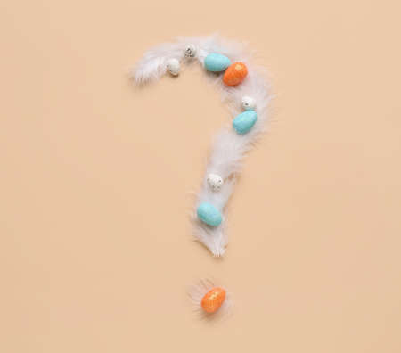 Question mark made of feathers and decorative eggs on color background