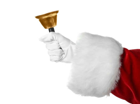 Santa Claus holding golden Christmas bell on white background,closeupの写真素材