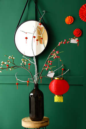 Decorations for Chinese New Year celebration in roomの写真素材
