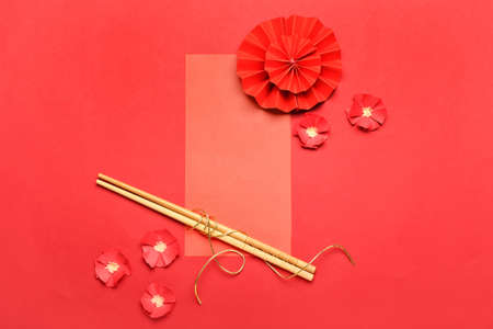 Empty greeting card with Chinese symbols on color backgroundの写真素材