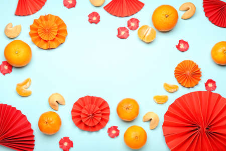 Frame made of Chinese symbols on color backgroundの写真素材