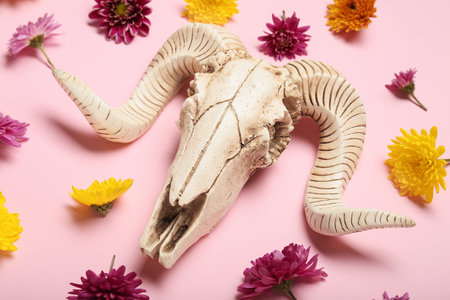 Composition with skull of sheep and flowers on pink backgroundの写真素材