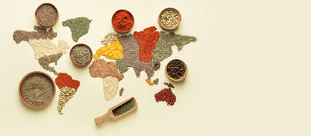 World map made of spices on light background with space for textの写真素材
