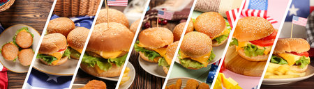 Set of traditional American burgers on tableの写真素材