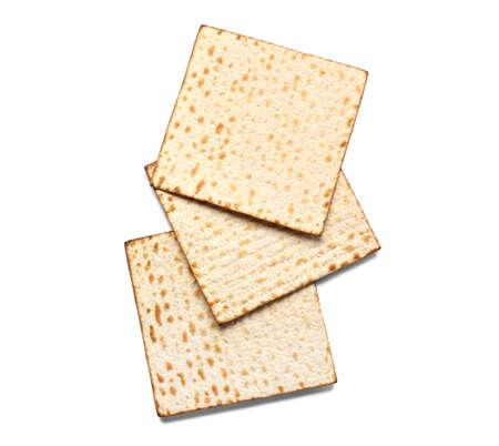 Jewish flatbread matza for Passover on white background, top view