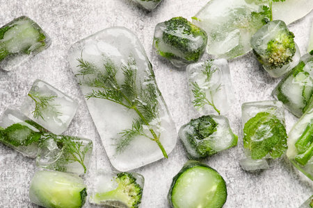 Fresh vegetables and dill frozen in ice on gray backgroundの写真素材
