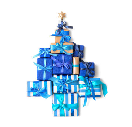 Christmas tree made of beautiful gifts on white backgroundの写真素材