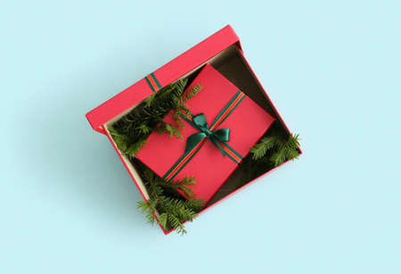 Beautiful Christmas gift boxes on blue backgroundの写真素材