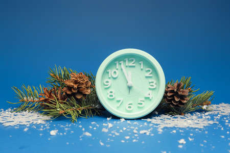 Alarm clock, fir branches and cones on color background