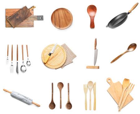 Set of new kitchen utensils on white backgroundの写真素材