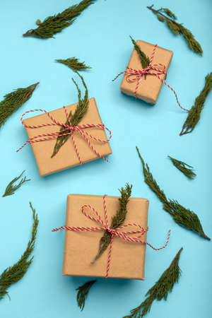 Christmas gifts and coniferous branches on blue background