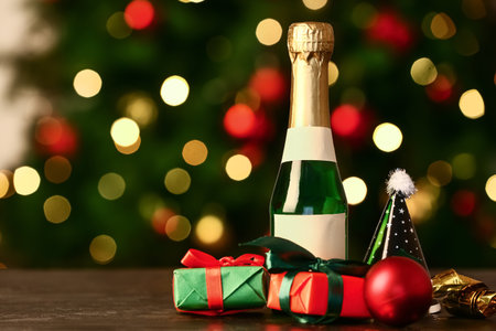 Bottle of champagne with gift boxes and Christmas decor on table against blurred backgroundの写真素材