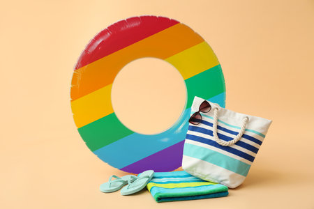 Rainbow inflatable ring and beach accessories on beige background. LGBT conceptの写真素材