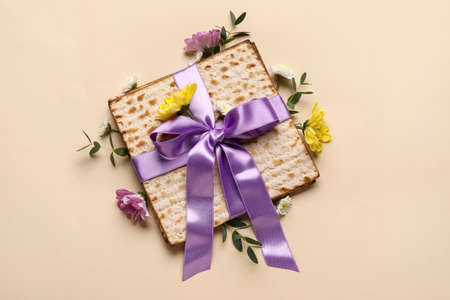 Jewish flatbread for Passover on light background