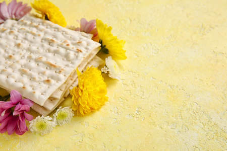 Jewish flatbread with flowers on color background