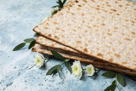Jewish flatbread for Passover on color background, closeupの写真素材
