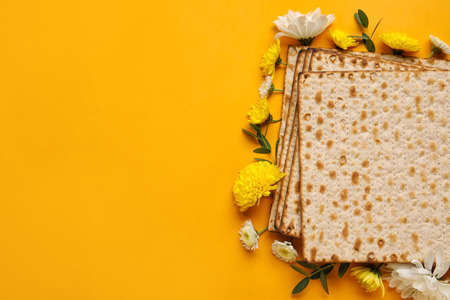 Jewish flatbread with flowers on color background