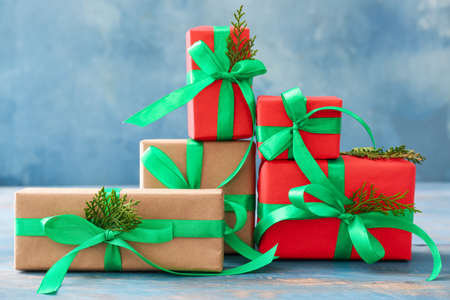 Christmas gift boxes on blue background