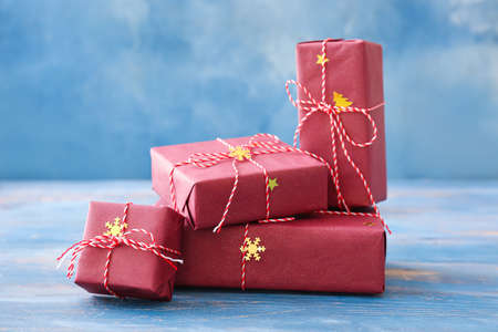 Christmas gift boxes on blue background