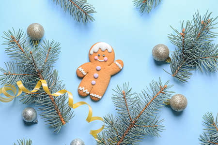 Christmas composition with cookies on color backgroundの写真素材