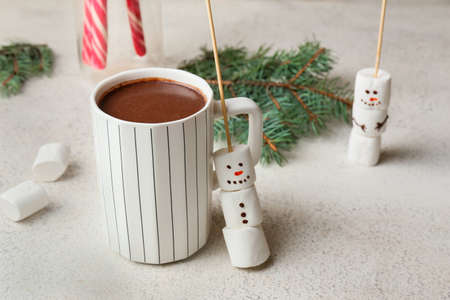 Cup of natural hot chocolate with marshmallows on light backgroundの写真素材