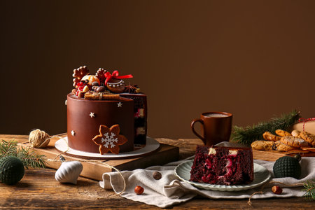 Composition with tasty Christmas chocolate cake on wooden table