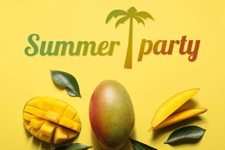 Advertisement banner for summer party with sweet ripe mango fruitの写真素材