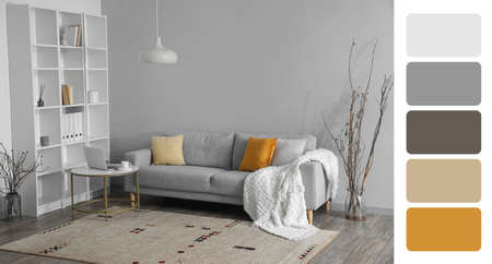 Interior of light living room with sofa. different color patterns
