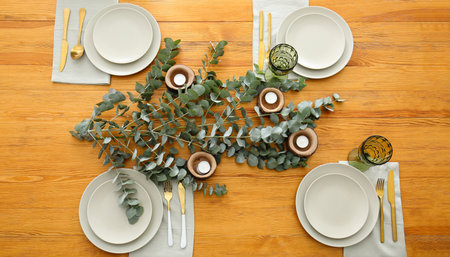 Beautiful table setting with floral decor, top view