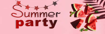 Advertisement banner for summer party with slices of ripe watermelonの写真素材