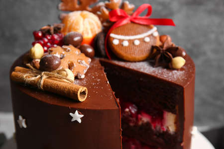 Tasty Christmas chocolate cake on table, closeupの写真素材