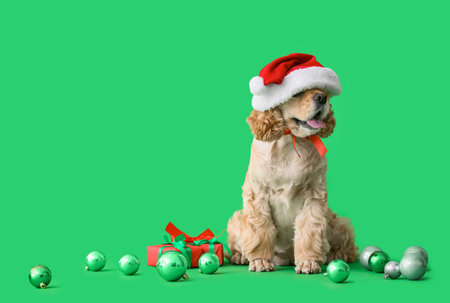 Adorable dog in Santa hat and with Christmas gift on color backgroundの写真素材