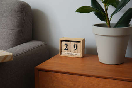Cube calendar and houseplant on wooden table near light wallの写真素材
