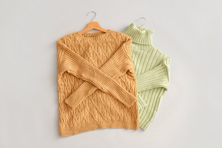 Hangers with warm sweaters on gray background