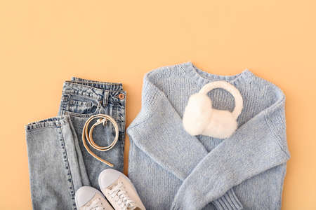 Stylish female clothes, accessories and shoes on color background, closeupの写真素材