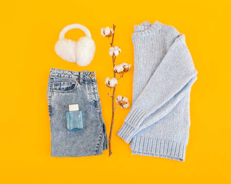 Stylish female clothes, ear muffs, perfume bottle and branch with cotton flowers on yellow...