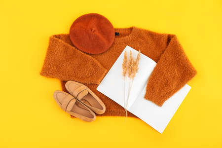 Stylish female sweater, beret hat, shoes and opened notebook on yellow backgroundの写真素材