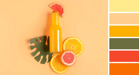 Bottle of fresh citrus soda on orange background. Different color patternsの写真素材