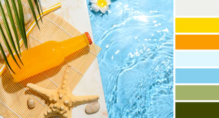 Bottle of fresh soda on edge of swimming pool. different color patterns